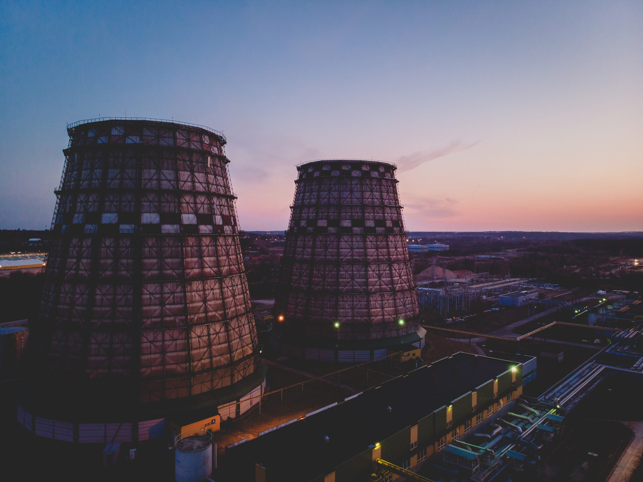 Aerial shot of two power plant during sunset in Vilnius